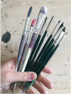 This is a selection of my most loved paintbrushes – an embarrassing confession to make. I tend to find really used paintbrushes do things that brand new ones can’t. They seem to have moulded to the chaotic way I like to work. I do have many more that are more refined for more polished work but these have a strange place in my heart. I’ve been distraught before when I think I’ve lost that particularly ratty pink brush you can see, it just seems to work exactly how I want it to. I’m also terrible for chewing the end of my paintbrushes, I’ll often be found with paint round my mouth. 